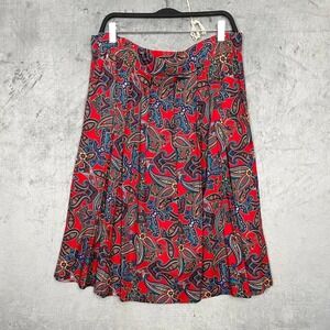 Vintage 80s Dark Academia Paisley Pleated Midi Skirt XL Red Festival Party